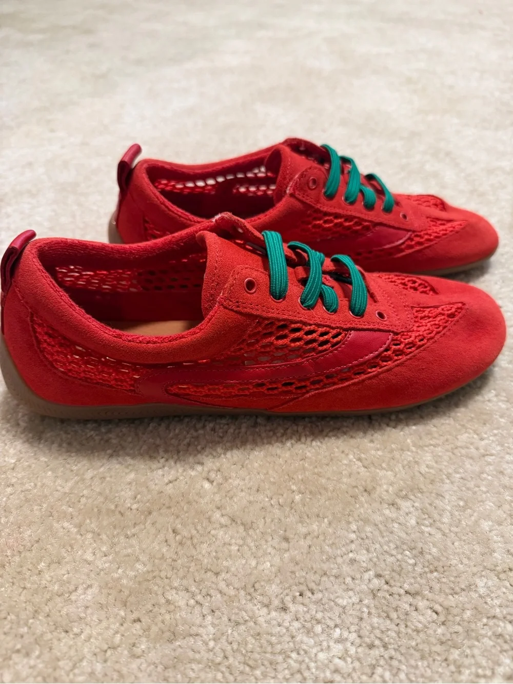 Women's Red Athletic Sneakers with Green Laces